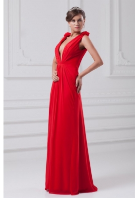 Red Empire V-neck Chiffon Floor-length Ruching Prom Dress