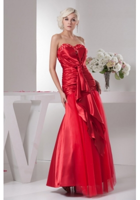 Red Sweetheart Column Floor-length Ruching Taffeta Prom Dress