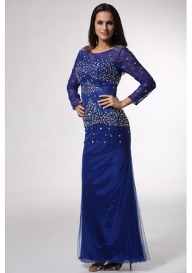 Royal Blue Column Scoop Beaded Prom Dress with Long Sleeves