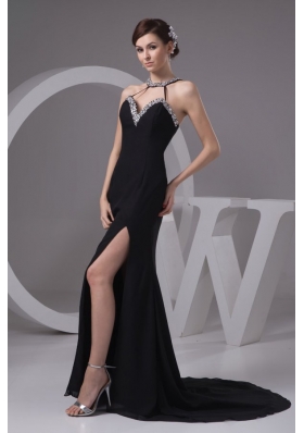 Sexy Empire Halter Beading Chiffon Prom Dress with Court Train