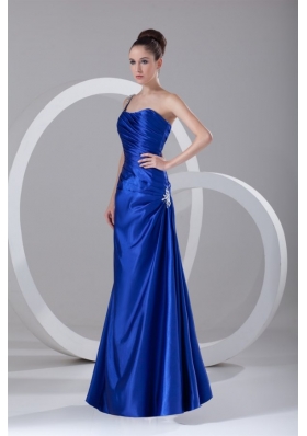 Simple Column One Shoulder Floor length Appliques and Ruching Blue Prom Dress