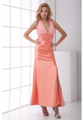 Taffeta Column Halter Backless Floor-length Ruching Watermelon Prom Dress