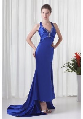 Column Halter Watteau Train Royal Blue Beading Prom Dress with Criss Cross