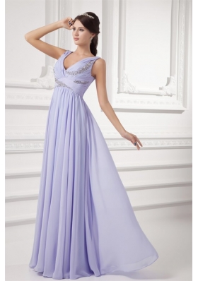 Elegant Empire Lavender V-neck Long Chiffon Prom Dress with Beading