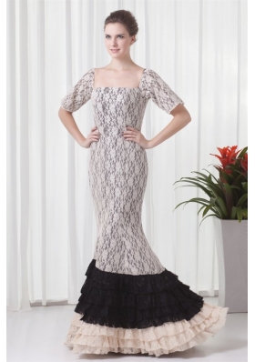 Mermaid Square White Lace Floor-length Prom Dress with Short Sleeves