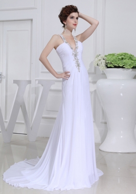 2014 Column V-neck Chiffon Beading Wedding Dress with Sweep Train