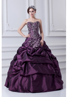 Cheap Eggplant Purple Sweetheart Embroidery and Pick-ups Quinceanera Dress