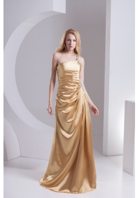 Column One Shoulder Taffeta Beading Ruching Gold Prom Dress