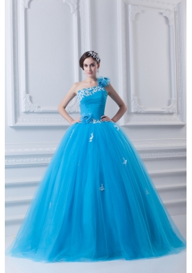 Princess One Shoulder Appliques Sky Blue 2014 Quinceanera Dress