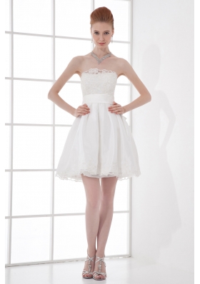 2014 Elegant A-line Strapless Knee-length Lace Belt White Wedding Dress