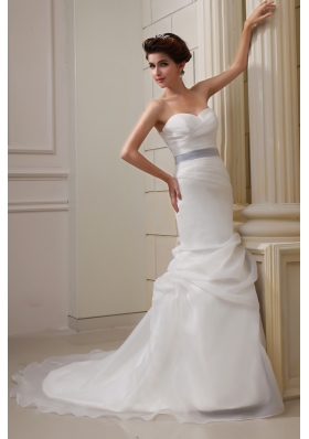 2014 Elegant Mermaid Sweetheart Belt Ruching Pick-ups Wedding Dress with Side Zipper