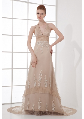 A-line Champagne Halter Top Neck Appliques Backless Court Train Prom Dress