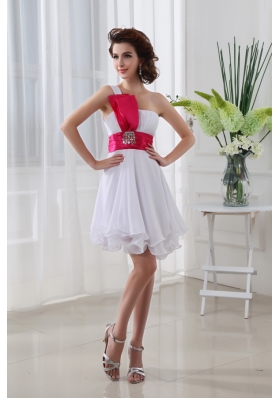 A-line One Shoulder Beading and Ruching Chiffon White Prom Dress