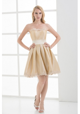 A-line Strapless Sleeveless Embroidery Champagne Prom Dress
