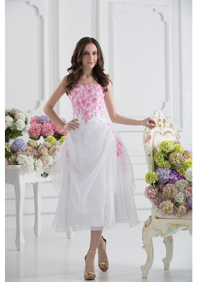 A-line Strapless White Organza Tea-length Prom Dress with Appliques