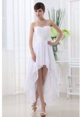 Beading Empire Sweetheart Ruching Belt White Wedding Dress with High-low