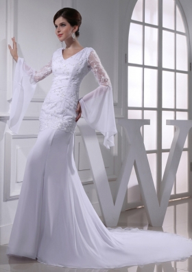 Cheap Column V-neck Lace Chiffon Wedding Dress With Long Sleeves
