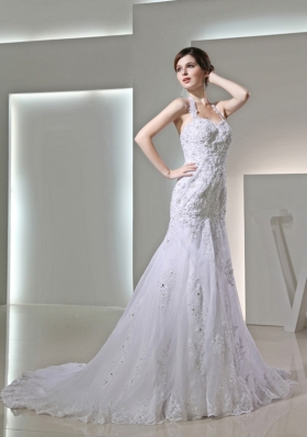 Column Halter Top Chapel Train Lace Appliques  White Wedding Dress