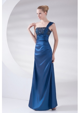 Column Navy Blue Beading and Ruching Beading Taffeta Prom Dress