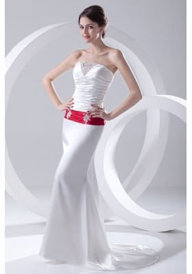 Column Ruchings Belt Beading White Brush Train Dress for Prom