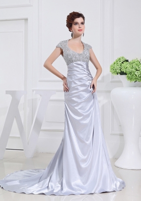 Column Square Court Train Appliques Beading Taffeta White Prom Dress