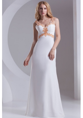 Column Straps Chiffon Appliques and Ruching White Prom Dress