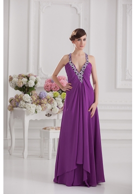 Eggplant Purple Empire V-neck Criss-cross Prom Dress with Beading