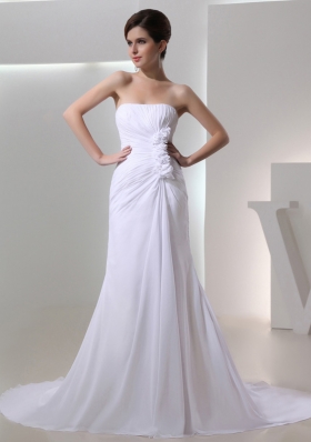 Elegant Column Strapless Court Train Chiffon Ruching White Wedding Dress in 2014