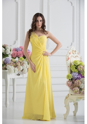 Empire One Shoulder Yellow Chiffon with Beading and Ruching Prom Dress