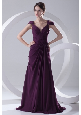Empire Purple Ruching Straps Cap Sleeves Dresses for Prom