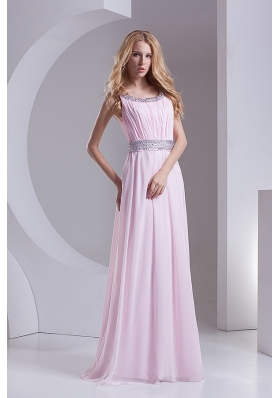 Empire Scoop Chiffon Beading Ruching Baby Pink Prom Dress