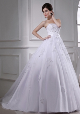 Exquisite A-line Beading and Appliques Chapel Train Wedding Dress with Strapless