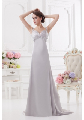 Light Grey Straps Column Prom Dress with Beading and Ruching