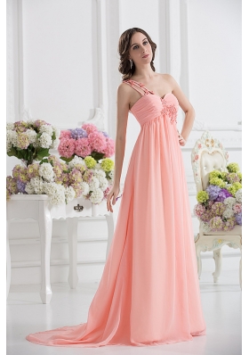 Peach Empire Brush Train Prom Dress with Ruching and Appliques