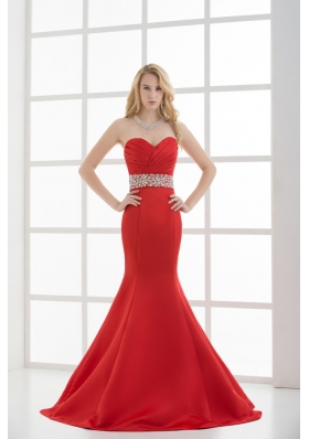 Red Mermaid Sweetheart Sleeveless Beading and Ruching Prom Dress
