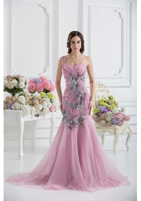 Sweetheart One Shoulder Mermaid Appliques Ruching Pink Prom Dress