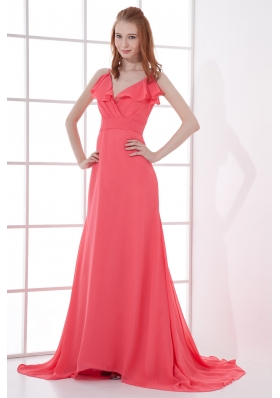 Watermelon Red Empire V-neck Court Train Ruching Prom Dress