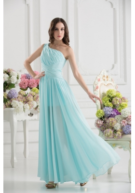 Aqua Blue One Shoulder Ruching Ankle-length Prom Dress