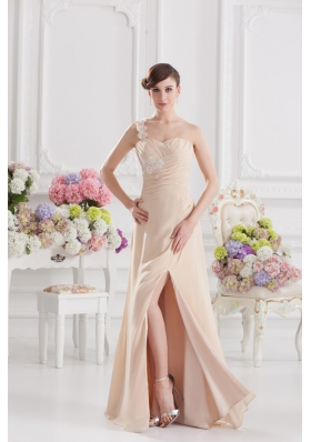 Champagne Empire Prom Dress with Ruching and Appliques