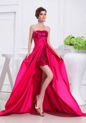 Column Sequins Brush Train Strapsless Hot Pink Prom Dress