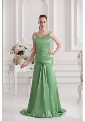 Column Spaghetti Straps Floor-length Ruching Taffeta Green Prom Stress