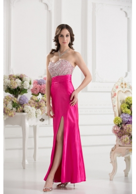 Column Sweetheart Taffeta Beading Hot Pink Ankle-length Prom Dress