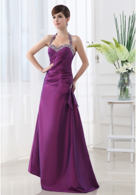 Eggplant Purple Halter Top Beading and Ruching Taffeta A-line Prom Dress