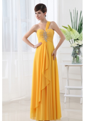 Empire Gold One Shoulder Beading and Ruching Chiffon Prom Dress