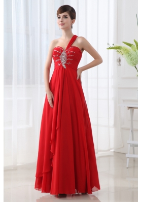 Empire One Shoulder Beading and Ruching Long Red Prom Dress
