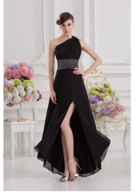 Empire One Shoulder Black Prom Dress with Beading and High Slit