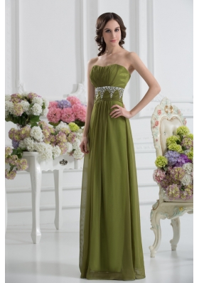 Empire Strapless Chiffon Beading Ruching Olive Green Prom Dress