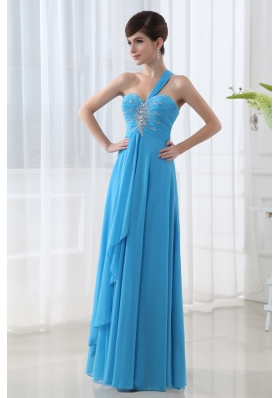 Empire Teal Blue Chiffon Prom Dress with One Shoulder Beading and Ruching