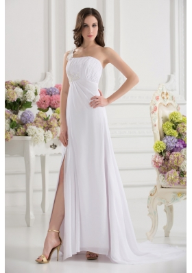 Empire White One Shoulder High Slit Brush Train Chiffon Prom Dress