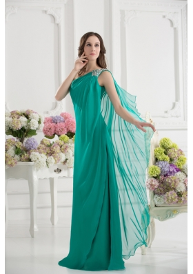 Green Empire One Shoulder Beading Watteau Train Ruching Prom Dress